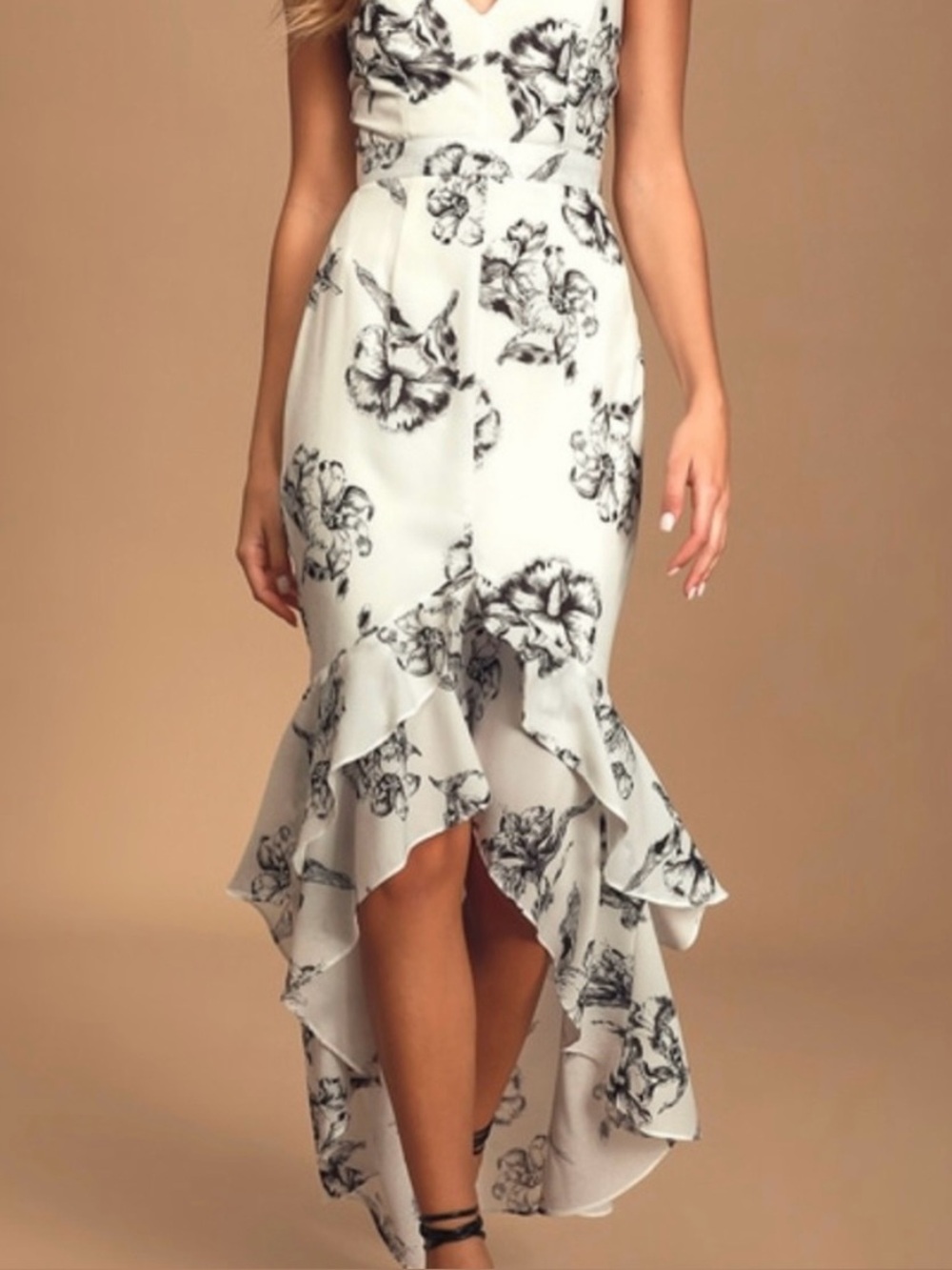 Lulu's Darling Daylily White High-Low Dress with Black Floral Print